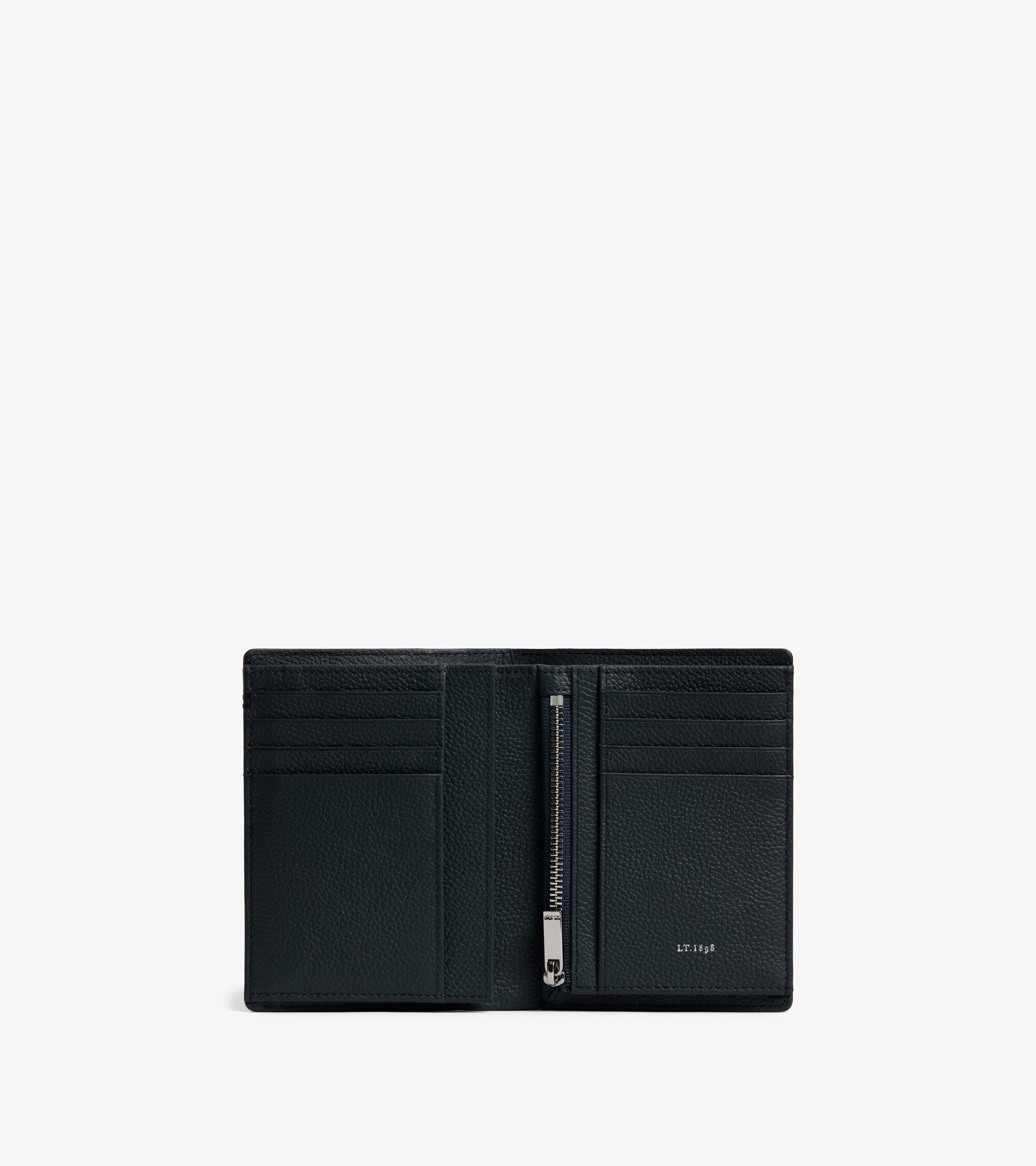 Cartera vertical pequeña de dos secciones con cremallera Lucien de piel granulada