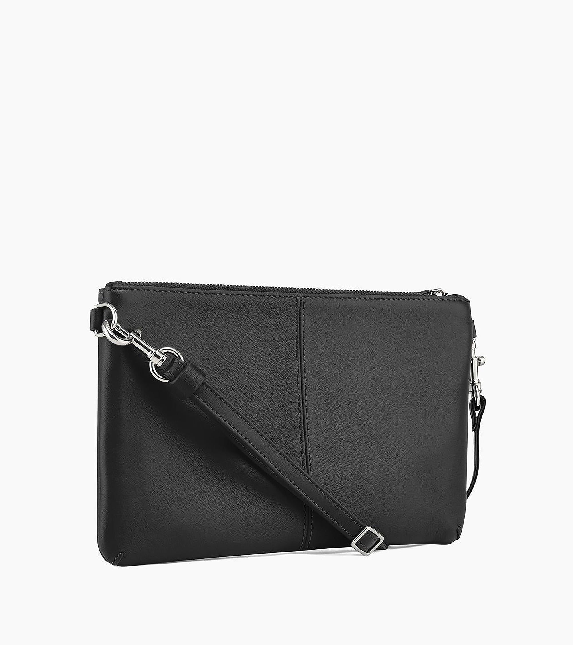 Charlotte smooth leather zippered clutch bag with removable shoulder strap