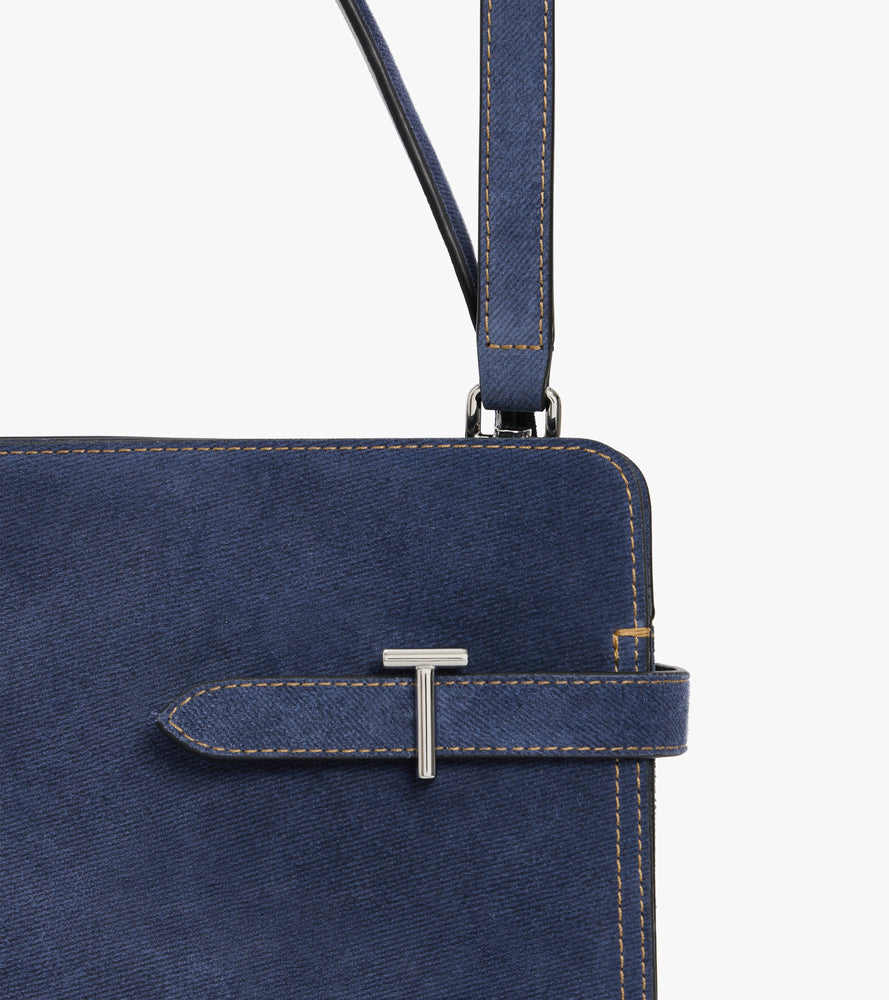 Sac porté épaule grand modèle Emie en cuir suède effet denim