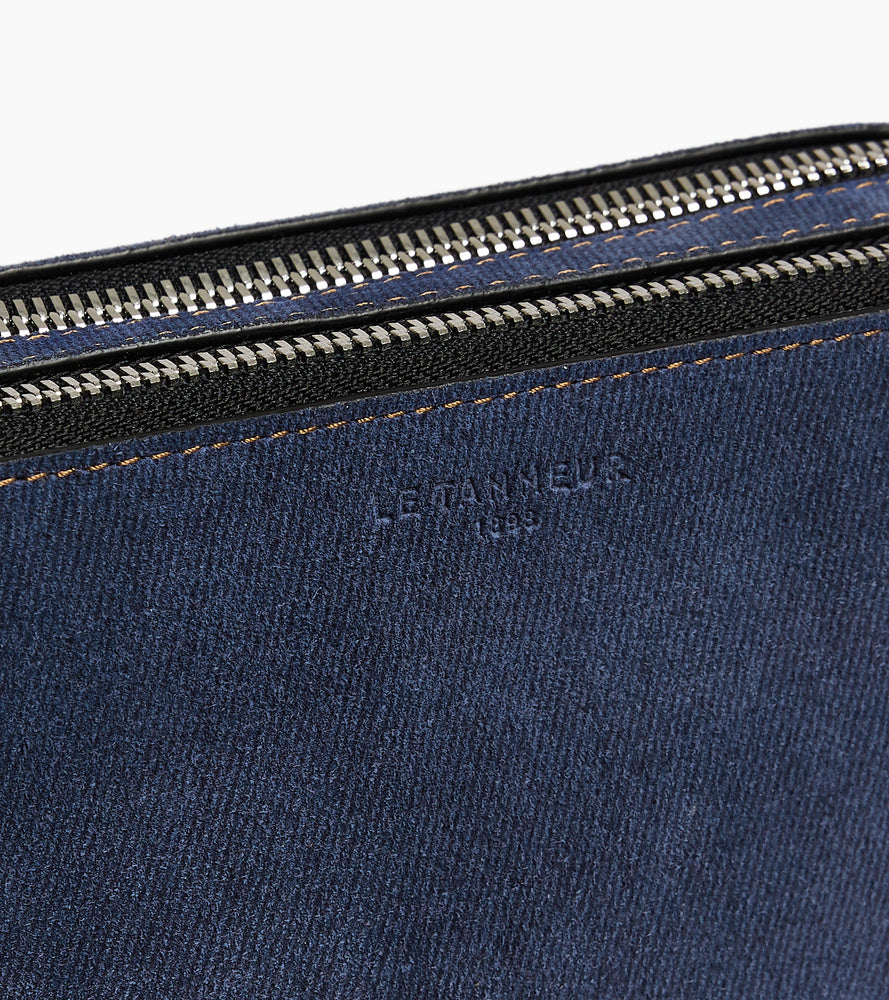 Emile small 2-compartment pouch in denim-effect suede leather